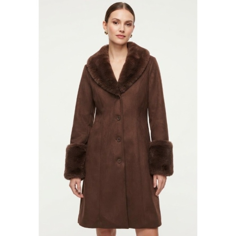 Wild Fable Brown Faux Fur Trim Button Front Overcoat Jacket Size XS